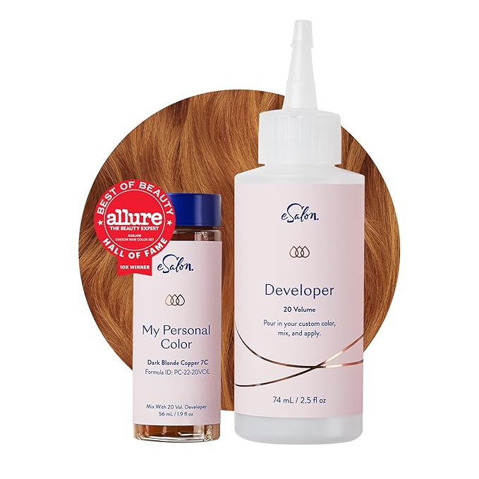 eSalon Permanent Hair Color & Hair Dye Complete Kit - Personal Colorist Kit for Up To 100% Gray Coverage for All Hair Types - Professional-Grade Ammonia-Free Hair Dye (Dark Blonde Copper 7C)