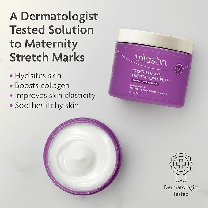 TriLASTIN Maternity Stretch Mark Cream - Hydrating Pregnancy-Safe Skin Care - Gentle Hypoallergenic Care for Pregnancy Must Haves - Pairs Belly Butter & Stretch Mark Oil - 4 Fl Oz Each, Pack of 2