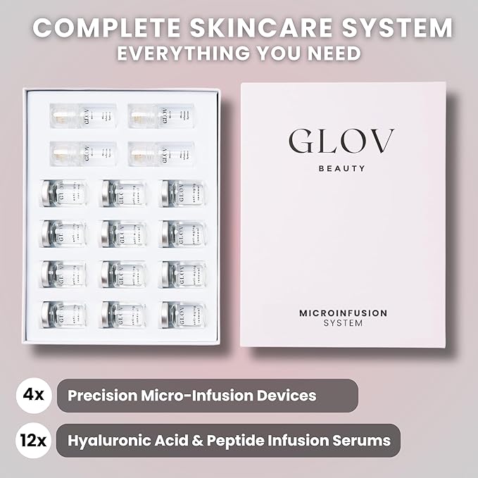 Glov Beauty Micro Infusion System for Face & Lips – 0.25mm 24k Gold Cosmetic Facial Stamp with Hyaluronic Acid, Collagen Peptides & Licorice Root Serum Ampoules (4x Infusion Application, 12x Serums)