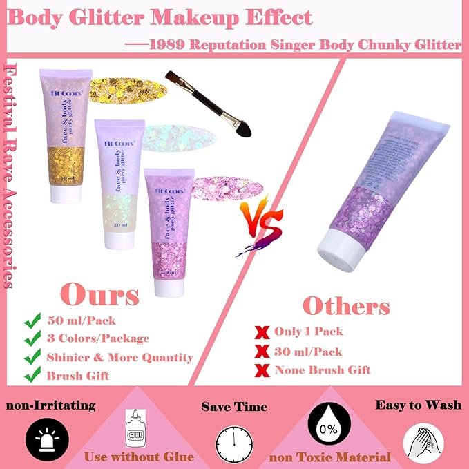Body Glitter Face Glitter Gel: Singer Concerts Disco Festival Rave Accessories Face Glitter Makeup 150ml Chunky Sequins Mermaid Face Body Hair Glitter Gel (White&Pink&Gold)