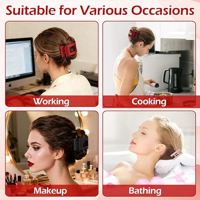 French Flat Hair Clips for Women 6pcs Hair Claw Clips for Thick or Thin Hair Matte Claw Clips for Girls Barrettes Non-Slip Strong Hold Hair Accessories for Women (Red)