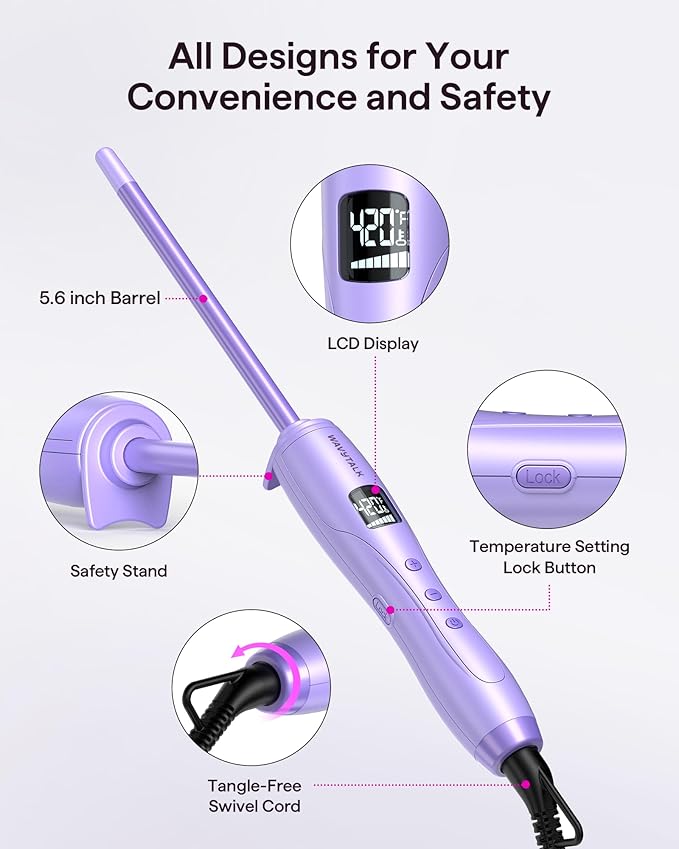 Wavytalk 3/8 Inch Small Curling Iron, Curling Wand for Short & Long Hair, Ceramic Small Barrel Curling Iron with Adjustable Temperature, Include Heat Resistant Glove (Purple)