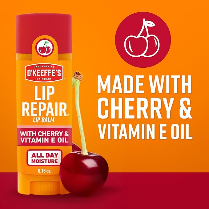 O'Keeffe's Lip Repair Lip Balm with Cherry & Vitamin E Oil - Stick (3 Pack) - Moisturizer for Extremely Cracked, Dry Lips