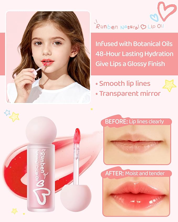 RUNBEN Kids Tinted Lip Oil, 48H Lasting Moisturizing, Glossy Lip Glow Oil, Safe & Non-toxic Makeup for Girls & Teen （Red）