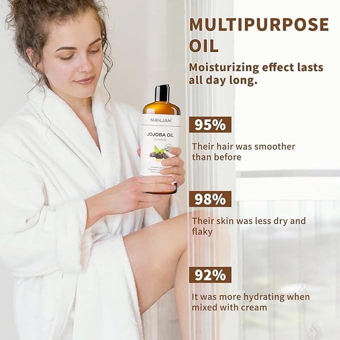 MAYJAM Jojoba Oil Organic USDA Certified 16 Oz, 100% Pure & Natural Jojoba Oils for Skin, Hair, Face, Nails, Body Massage, Cold Pressed Unrefined Carrier Oil for Essential Oils Mixing