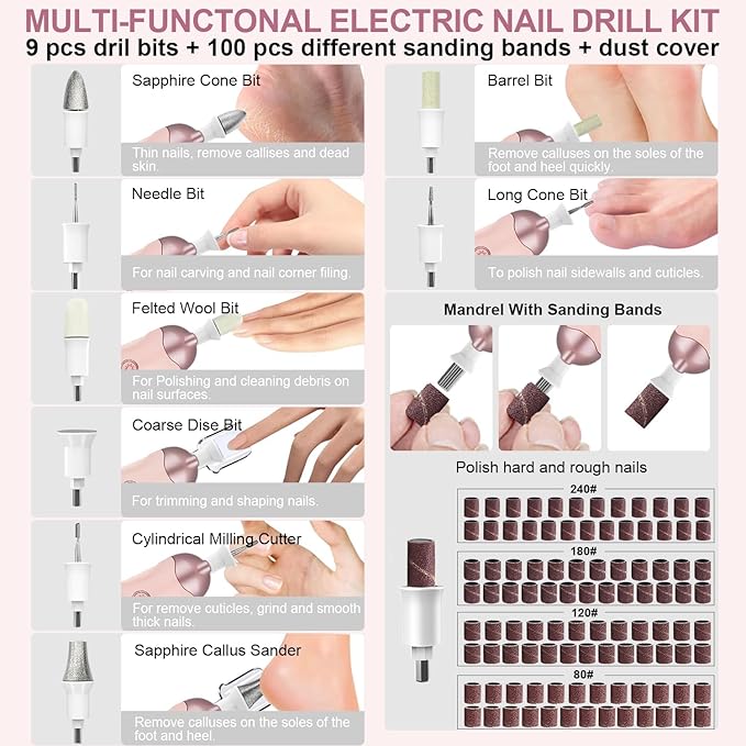 2 Pack 9-in-1 Cordless Nail Drill Nail Care with 100 Bits, 5 Speeds, Home & Salon Ready,Pink