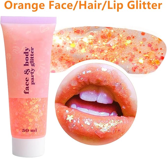 Go Ho Orange Face Body Glitter,Sparkle Orange Face Paint Glitter Makeup,Holographic Chunky Sequins Glitters Gel for Eye Lip Hair Nails,Halloween SFX Makeup Accessories,52g