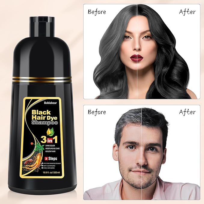 Bablabear Black Hair Dye Shampoo for Gray Hair, Semi-Permanent Hair Color Shampoo for Women and Men, Herbal Ingredients, 3 in 1 100% Grey Coverage.Lasts 30 Days/500ml/Natural herbal Ingredients