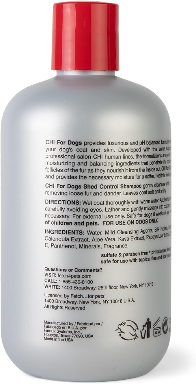 CHI for Dogs Shed Control Shampoo - Anti-Shedding Dog Wash for Excess Fur and Loose Hair - Gentle Formula for All Coat Types - Sulfate and Paraben Free - pH Balanced - Made in USA, 16 Fl Oz