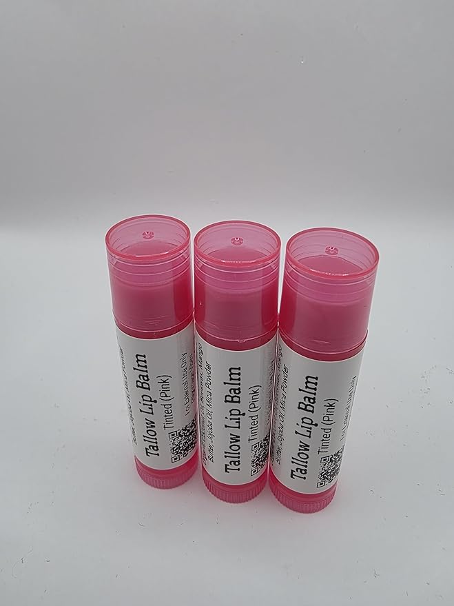 Tallow Lip Balm (3 Pack) (Tinted Pink) Handmade Grass Fed Beef Tallow Lip Balm with Nourishing Oils (Pink)