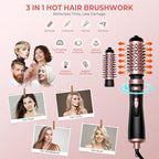 Hair Dryer Brush, 3-in-1 Rotating Round Hot Air Spin Brush Set with 2 Brushes (2" & 1.5"), Negative Ionic Blow Volumizer, 2 Detachable Auto-Rotating Curling Brush, Blow Dryer Brush,Dry as You Style