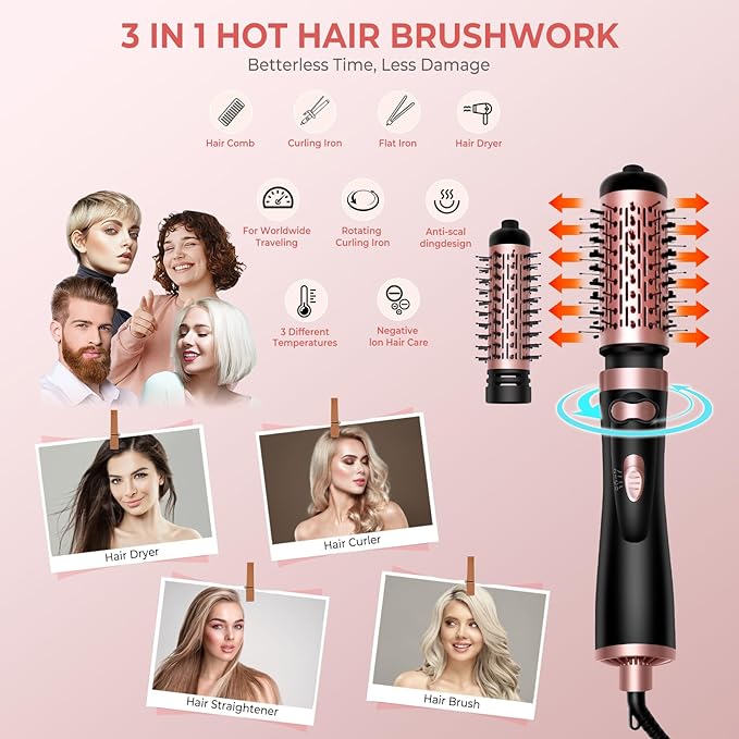 Hair Dryer Brush, 3-in-1 Rotating Round Hot Air Spin Brush Set with 2 Brushes (2" & 1.5"), Negative Ionic Blow Volumizer, 2 Detachable Auto-Rotating Curling Brush, Blow Dryer Brush,Dry as You Style