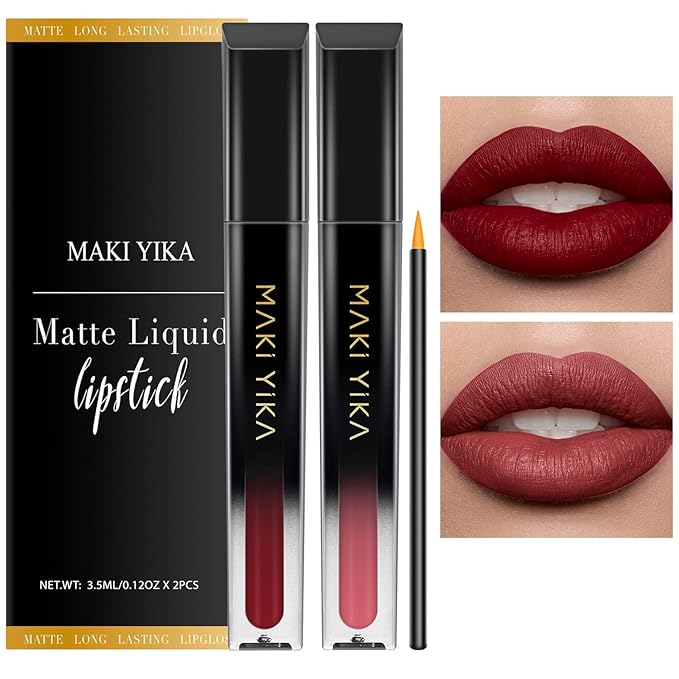 MAKI YIKA 2Pcs Matte Liquid Lipstick Set Dark Red Nude Lipstick Long Lasting Smudgeproof Transfer Proof Lip Makeup, DarkRed/Nude