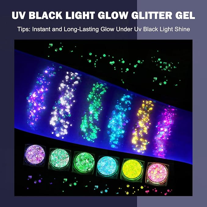 12 Colors Glow in The Dark Makeup UV Black Light Glitter Gel for Body Face Hair Eyeshadow for Raves Festivals Carnival Party
