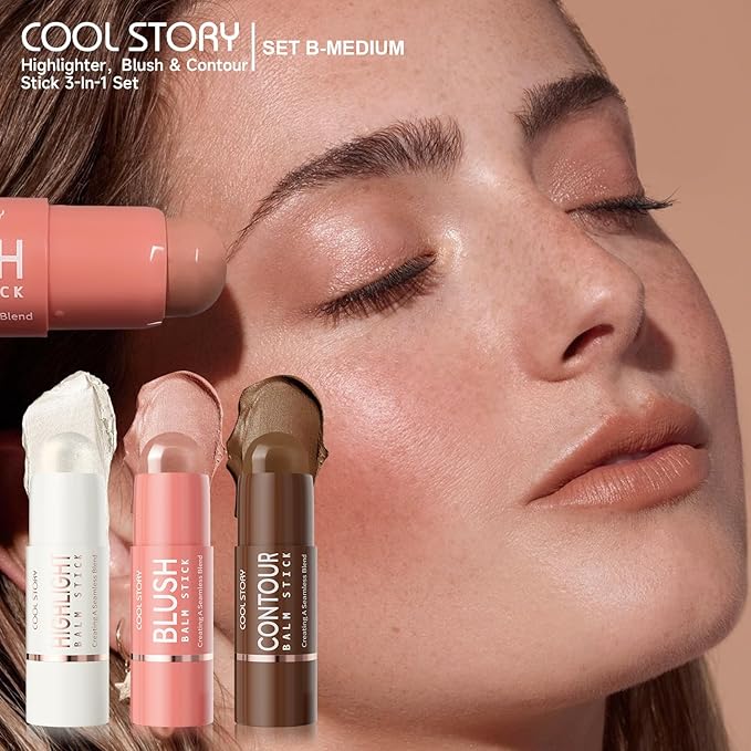 Cool Story 3-in-1 Makeup Set, Highlighter, Blush and Contour Balm Stick, Cream Formula for Face Contouring, Professional Cosmetic Kit (SET-B)