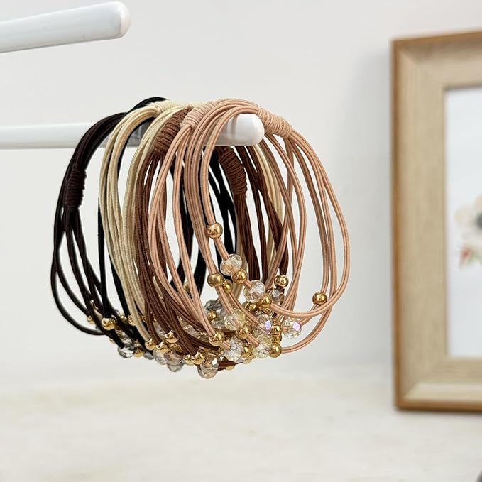 10pcs Brown Hair Ties with Gold & Crystal Beads, Thin Elastic Ponytail Holders for Women, No Damage, Stylish Hair Accessories