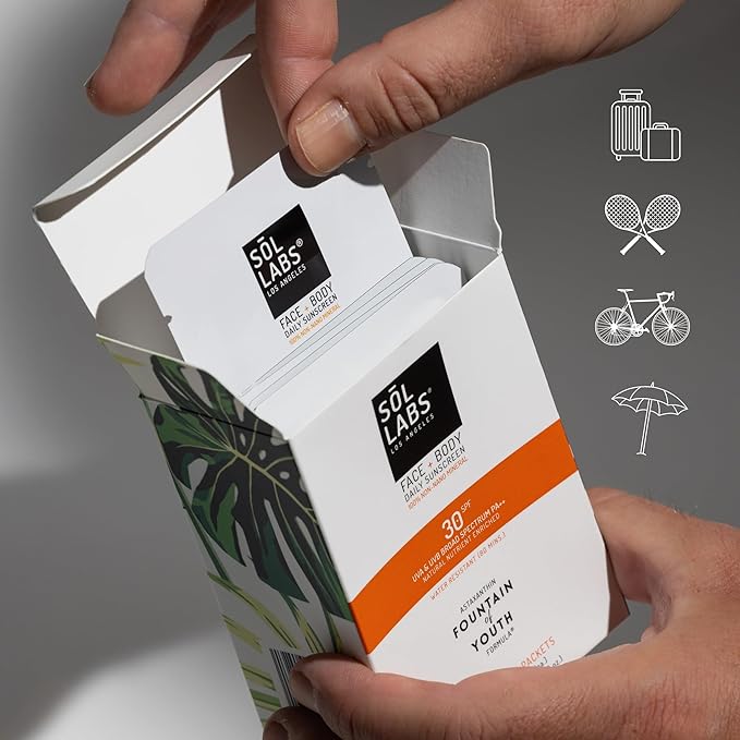 SOL LABS Daily Face and Body Sunscreen SPF 30 | On-The-Go All Natural Mineral, Water Resistant, Reef Safe, Korean Lightweight Formula, No White Cast, Ultra Hydrating, 12 Individual Use Packets