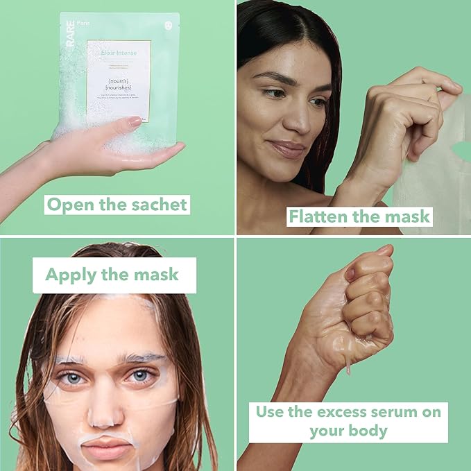 RARE Paris - Élixir Intense - Nourishing Facial Sheet Mask - Hydrating & Brightening - With Hyaluronic Acid & Squalene - Multi-Active Serum Formula - Nourishing, Firming & Revitalizing - 1 Pack