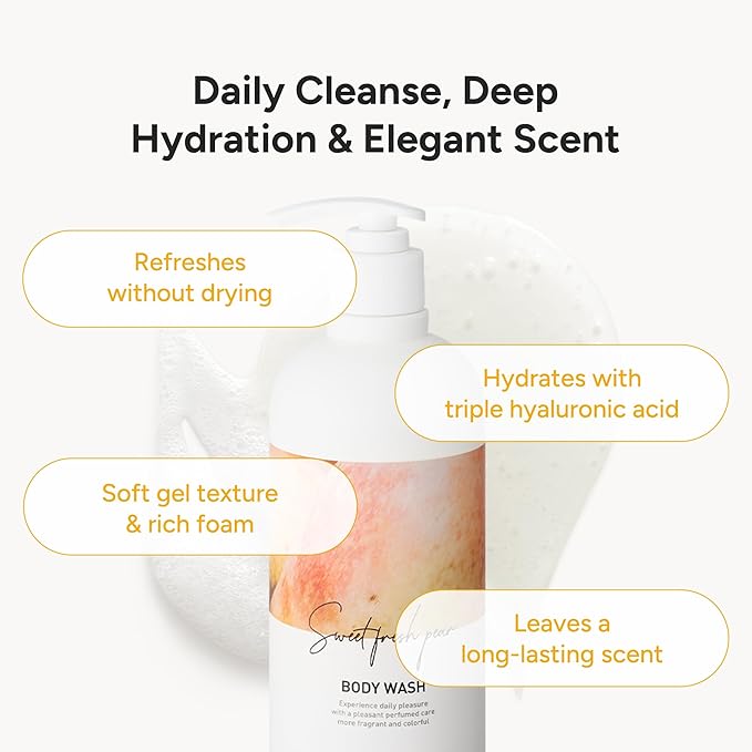 Korean Body Wash with Hyaluronic Acid & Aloe – Hydrating Moisturizing Cleanser for All Skin – Infused with Natural Extracts – Paraben & Silicone-Free – Sweet Fresh Pear, 500ml / 16.9 fl oz