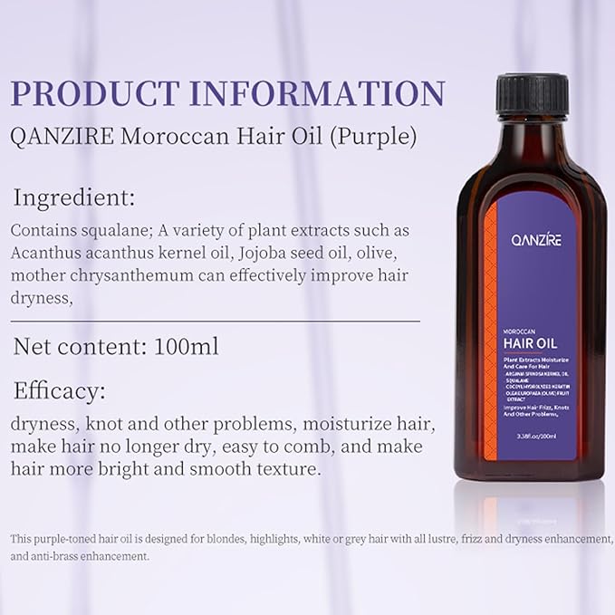 Moroccan Argan Oil,Purple Hair Essential Oil—Leave Hair Soft & Shiny,Deep Moisturizer,Frizz Control,Split End Repair for Dry & Damaged Hair,Hair Treatment Oil for Dry and Frizzy—100ML