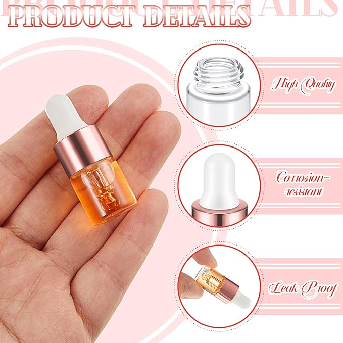 200 Pcs Mini Glass Oil Dropper Bottle Bulk, Clear Essential Small Empty Bottles Sample Containers Perfume Liquid Vials with Cap for Traveling (2 ml,Rose Gold)