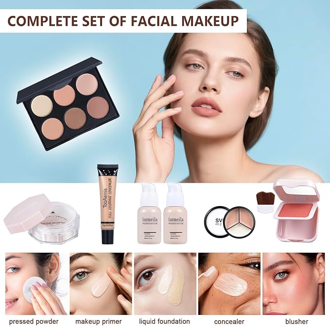 Makeup Set for Women Full Kit Includes, eyeshadow、 liquidfoundation,Loose powder,Eyebrow pencil,Lipstick Eye Pencil Makeup BrushesMakeup practice board 4-color lip gloss set