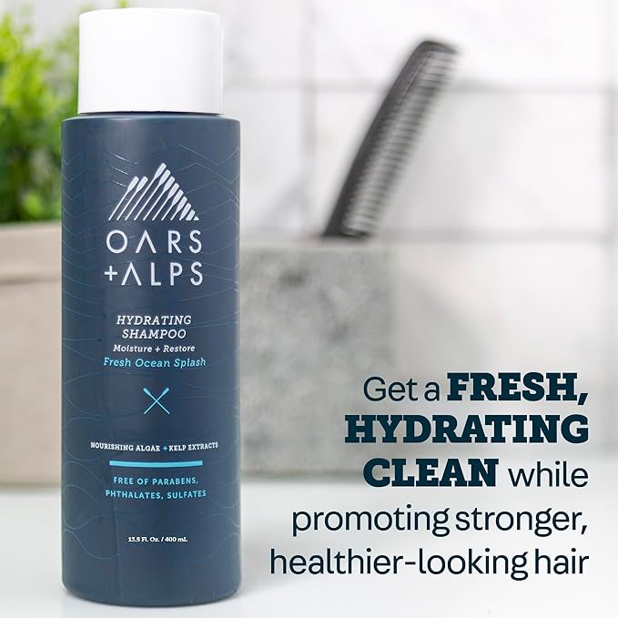 Oars + Alps Men's Sulfate Free Hydrating Shampoo, Infused with Kelp & Algae Extracts, Moisturizing Formula, Fresh Ocean Splash Scent, 1 Pack, 13.5 Fl Oz