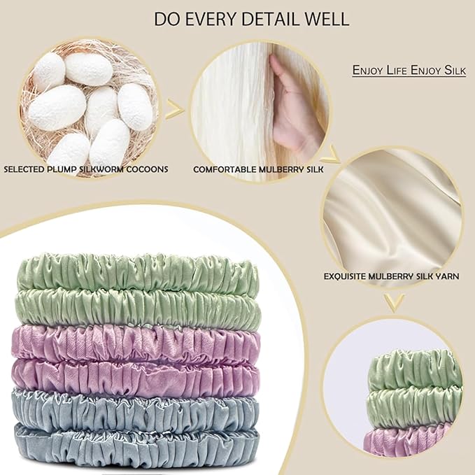 Suncdelv Silk,100% Silk Scrunchies for Hair,22 Momme Hair Ties for Anti-Crease & Breakage,Natural Women Hair Accessories，Fashion Hairbands 6PCS(Light Green, Light Purple, Light Blue)