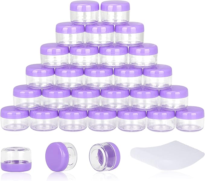 200PCS 5 Gram Sample Containers, 5ml Empty Jars with Lids, Small Cosmetic Containers, Mini Sample Jars with 16PCS Mini Spatulas for Make Up, Oils, Lotion, Powder, Paint, Jewelry, Lip Balms(Purple Lid)