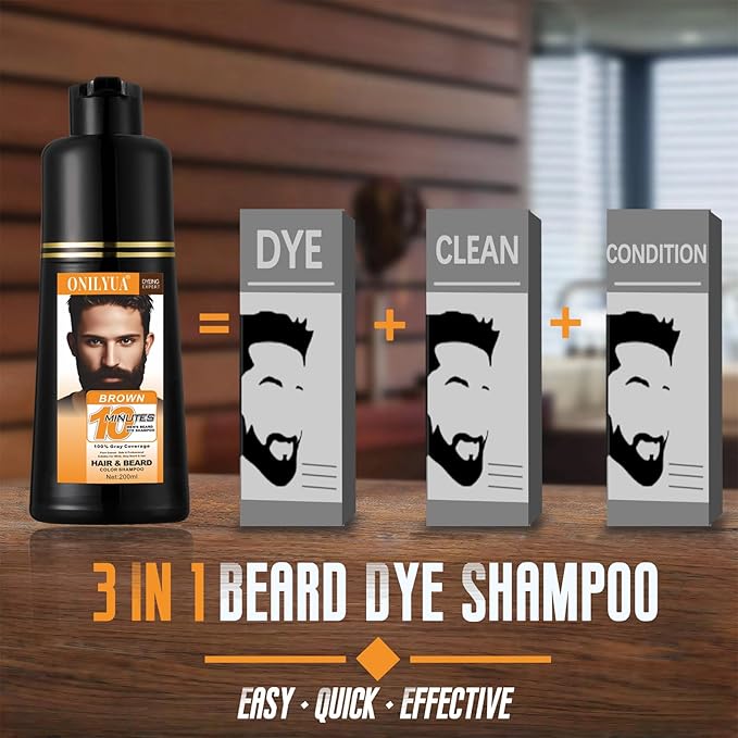 Mens Beard & Mustache Dye Shampoo, Instant 100% Grey Hair Coverage, 3 in 1 Brown Beard Color Shampoo for Men Facial Hair, Easy to Use & Dermatologist Tested, 200ML
