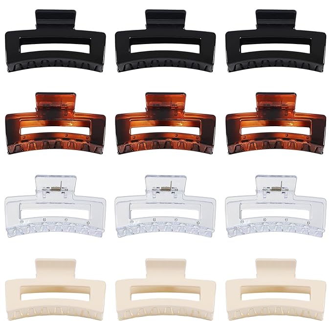 3.5 Inch Medium Square Claw Hair Clips, 12 Pcs Transparent, Amber, Glossy Black for Thick and Thin Hair - Hair Accessories for Women and Girls