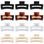3.5 Inch Medium Square Claw Hair Clips, 12 Pcs Transparent, Amber, Glossy Black for Thick and Thin Hair - Hair Accessories for Women and Girls
