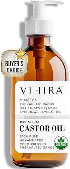 Organic Castor Oil (16oz | Premium Grade), Cold Pressed, 100% Pure, Extra Virgin, Hexane Free, for Hair Growth, Eyelash, Eyebrow, Skin, Belly Button, Muscle & Wellness.