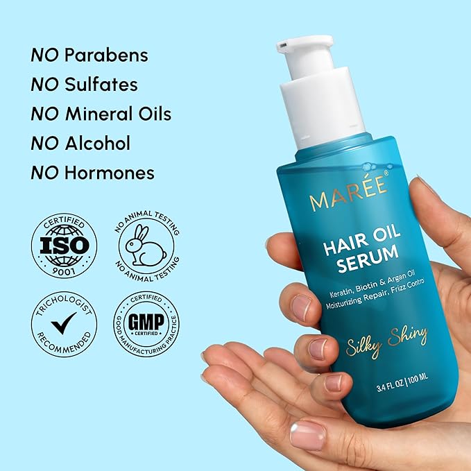 MAREE Hair Oil for Frizzy Hair with Argan Oil, Keratin & Biotin – Hair Serum for Dry and Curly Hair Gloss – Frizz Control Hair Care Products for Women – Aceite Para el Cabello – Keratin Hair Treatment