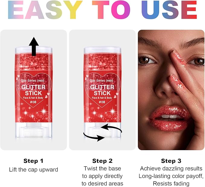 Red Body Glitter Stick, Halloween Face Glitter Makeup,Holographic Hair Glitters Mermaid Makeup Rave Outfits for Women, Shimmer Face Paint Stick for Christmas (Red)