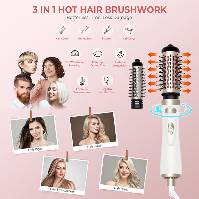 Hair Dryer Brush, 3-in-1 Rotating Round Hot Air Spin Brush Set with 2 Brushes (2" & 1.5"), Negative Ionic Blow Volumizer, 2 Detachable Auto-Rotating Curling Brush, Blow Dryer Brush,Dry as You Style