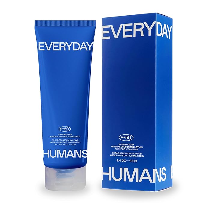 Everyday Humans Sheer Guard Natural Mineral Sunscreen SPF 50 3.4 oz | Zinc Oxide, Clean, Reef-Friendly Travel Size Face and Body | Fragrance-Free, Water Resistant UVA/UVB Protection | Beach Defence