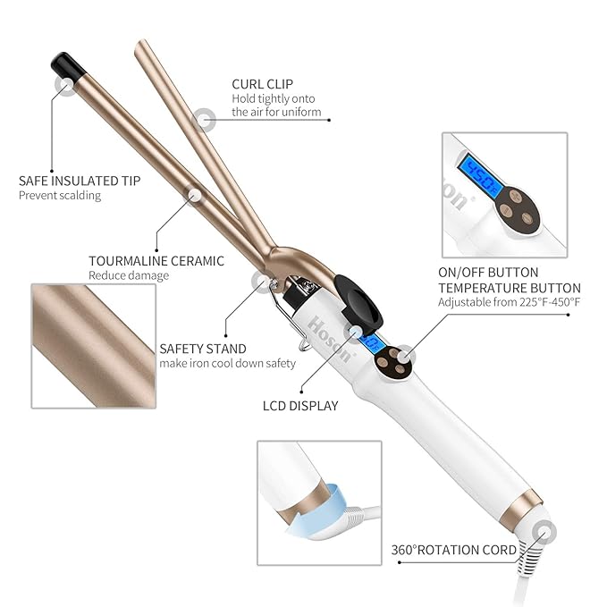 Hoson 1/2 Inch Curling Iron Professional, Ceramic Tourmaline Curl Wand Barrel, Hair Curler Iron for Long & Short Hair,Glove Include, Gold