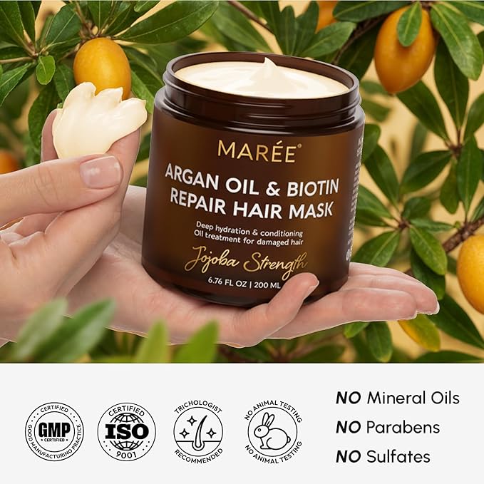 MAREE Deep Conditioning Hair Mask for Damaged Hair – Argan Oil & Biotin Jojoba Hair Treatment – Hair Repair Mask for Dry, Curly, Frizzy Color-Treated Hair Care – Mascarilla Para el Cabello Hidratante