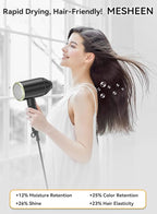 Hair Dryer, 150000RPM Ionic Blow Dryer - Fast Drying, Low Noise, Foldable Portable with Diffuser and Nozzle, Compact Mini for Women and Men, Home and Travel - Black