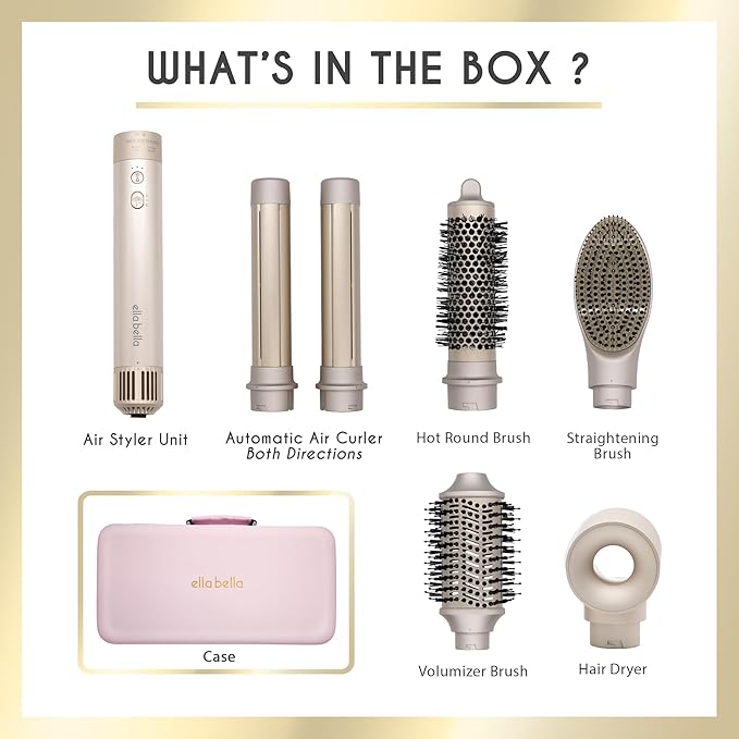 ELLA BELLA® 6 in 1 Professional Hot Air Styler • Powerful Hair Dryer & Straightener Set • Styling Without Heat Damage • Fast Drying Curling Volumizing Straightening • Includes Protective Travel Case