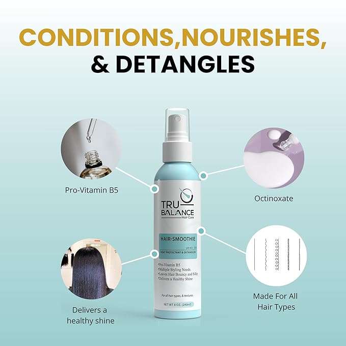TRU-BALANCE Hair-Smoothie – Best Leave-in, Heat Protectant & Hair Detangler Spray with Vitamin E, Coconut Oil and Vitamin B-5 | Perfect Treatment and Prep for Your Hair's Awesome Styling - 8 oz