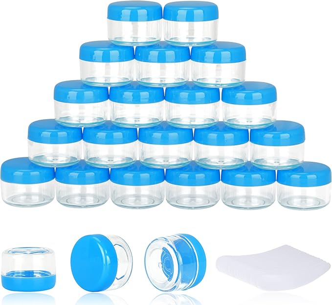 200PCS 5 Gram Sample Containers,5ml Empty Jars with Lids, Small Cosmetic Containers, Mini Sample Jars with 16PCS Mini Spatulas for Make Up, Oils, Lotion, Powder, Paint, Jewelry, Lip Balms(Blue Lid)
