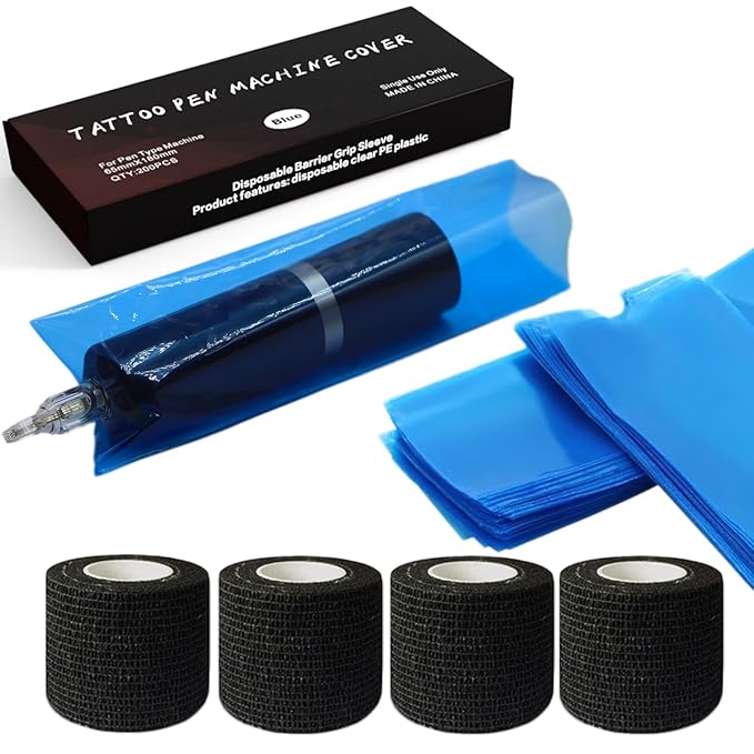 200pcs Blue Tattoo Pen Covers & 4pcs Grip Tape Wraps - Tattoo Machine Covers & Grip Tattoo Supplies