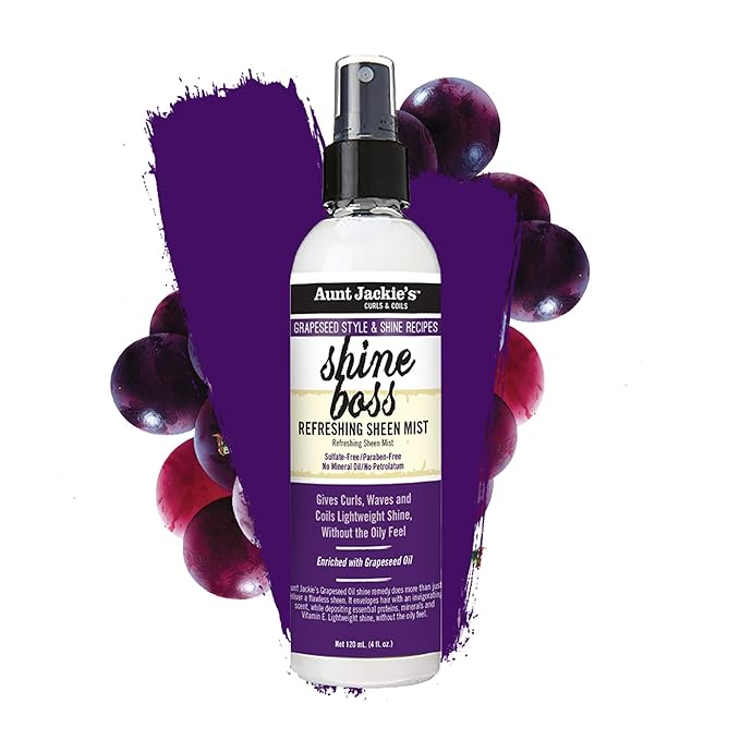 Aunt Jackie's Grapeseed Style and Shine Recipes Shine Boss Refreshing Sheen Hair Mist, Gives Curls, Waves and Coils Shine Without Oily Feel, 4 oz