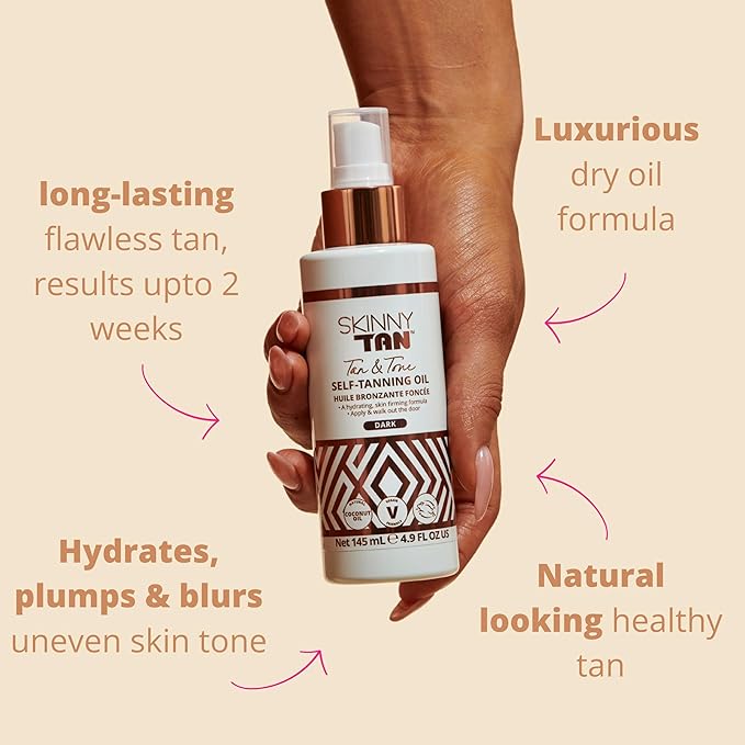 Skinny Tan Tan and Tone Self Tanning Oil Spray - No Need to Rinse - Hydrating and Toning Self Tanner for Healthier Looking Skin - Blurs Appearance of Stretch Marks - Dark Self Tan - 4.9 oz