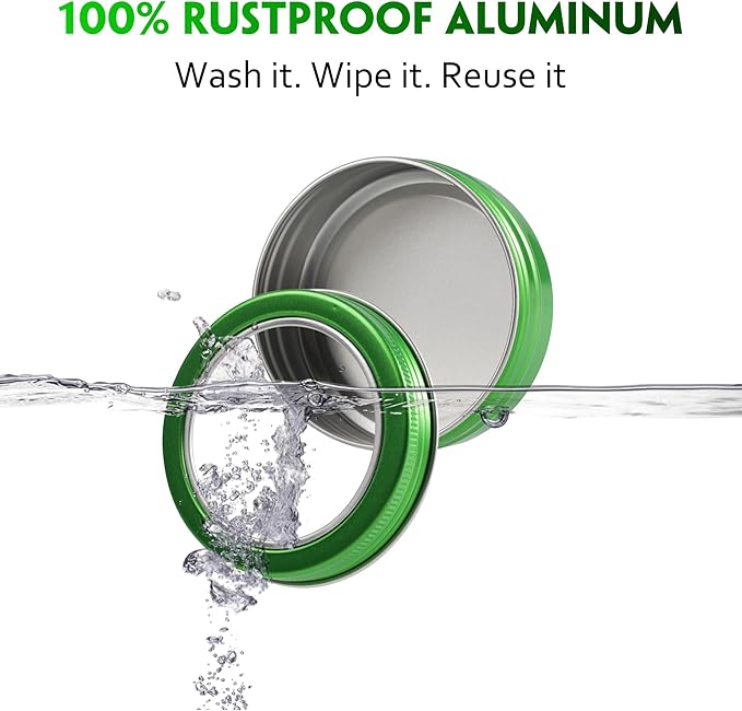 24 Pack 2 Ounce Screw Top Aluminum Tin Jar with Screw Clear Lid and Blank Labels, Refillable 60ml Metal Containers for Lip Balms, Candles, Salves, Spices, Crafts (Green)