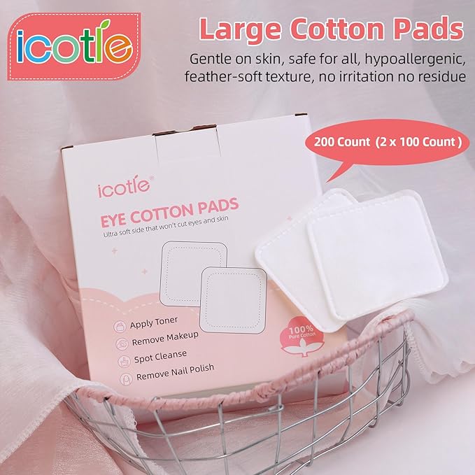 200-Count Eye Cotton Pads 100% Cotton Ultra Soft Square Cotton Pads, Spunlace Purely Physical Technology, Makeup Remover Pads for Facial Cleansing on All Skin Types