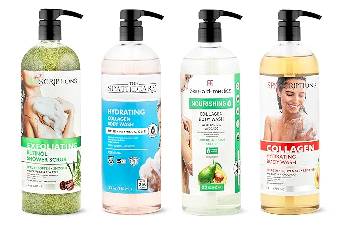 SpaScriptions Exfoliating Body Wash for Smooth Hydrated Skin, pH Balanced, Paraben Free, 33 oz (Retinol With Caffeine & Tea Tree)