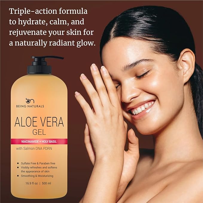 Being Naturals Aloe vera Gel - from 100% Pure Organic Aloe- Natural Raw Moisturizer for Face, Body, Hair. Perfect for Sunburn, Acne, Razor Bumps 16.9 fl oz (Salmon DNA + Niacinamide)